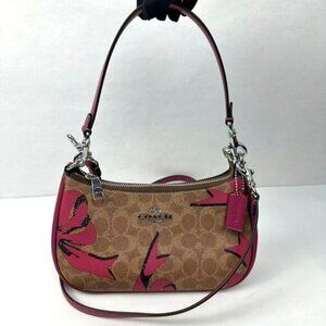 Coach Teri Shoulder Bag Signature Canvas Bow Print Silver/Tan/Pink Multi New